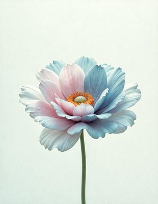The primary subject of the image is a single blue and white flower, which is the main focus of the image. The setting is a white background, which provides a clean and minimalistic environment for the flower. The visual style of the image is a close-up of the flower, showcasing its details and colors. The dominant colors in the image are blue and white, creating a calm and serene atmosphere.